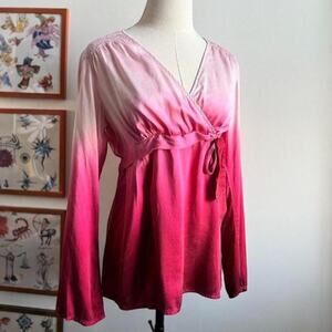 Vintage 90s Silk Wrap Top | Red Pink Ombre Bias Cut Blouse Tie Waist | M/L